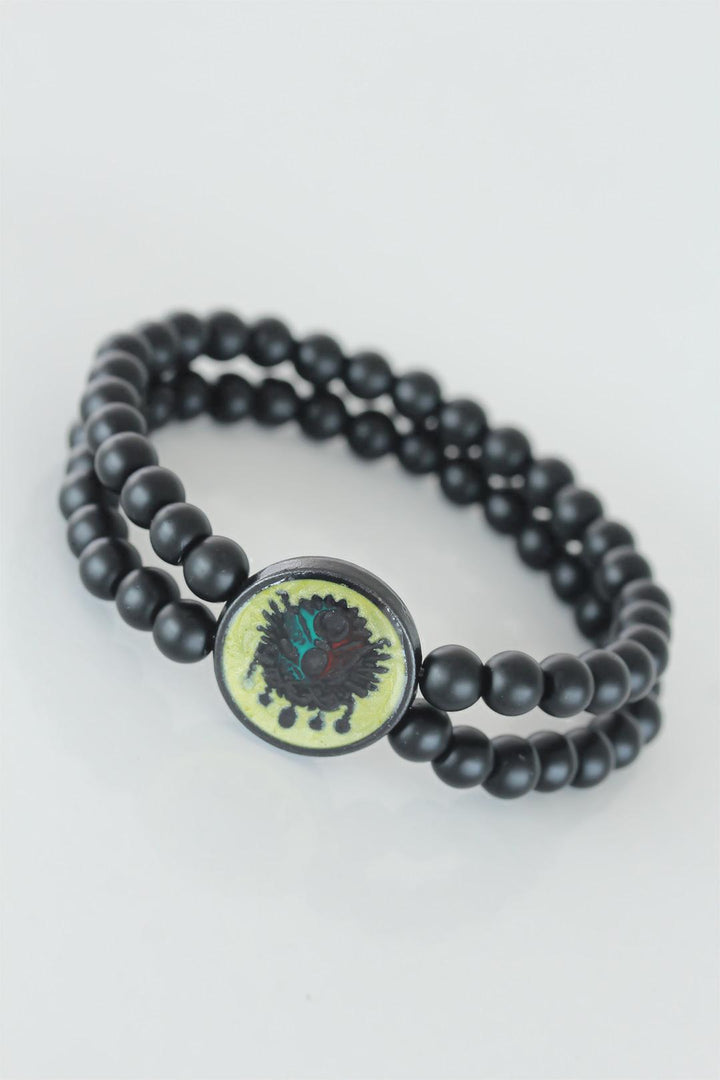 EBJ Black Color Double Row Natural Stone Men's Bracelet with Ottoman Coat of Arms Figure on Yellow Colored Metal - San Fernando de Henares
