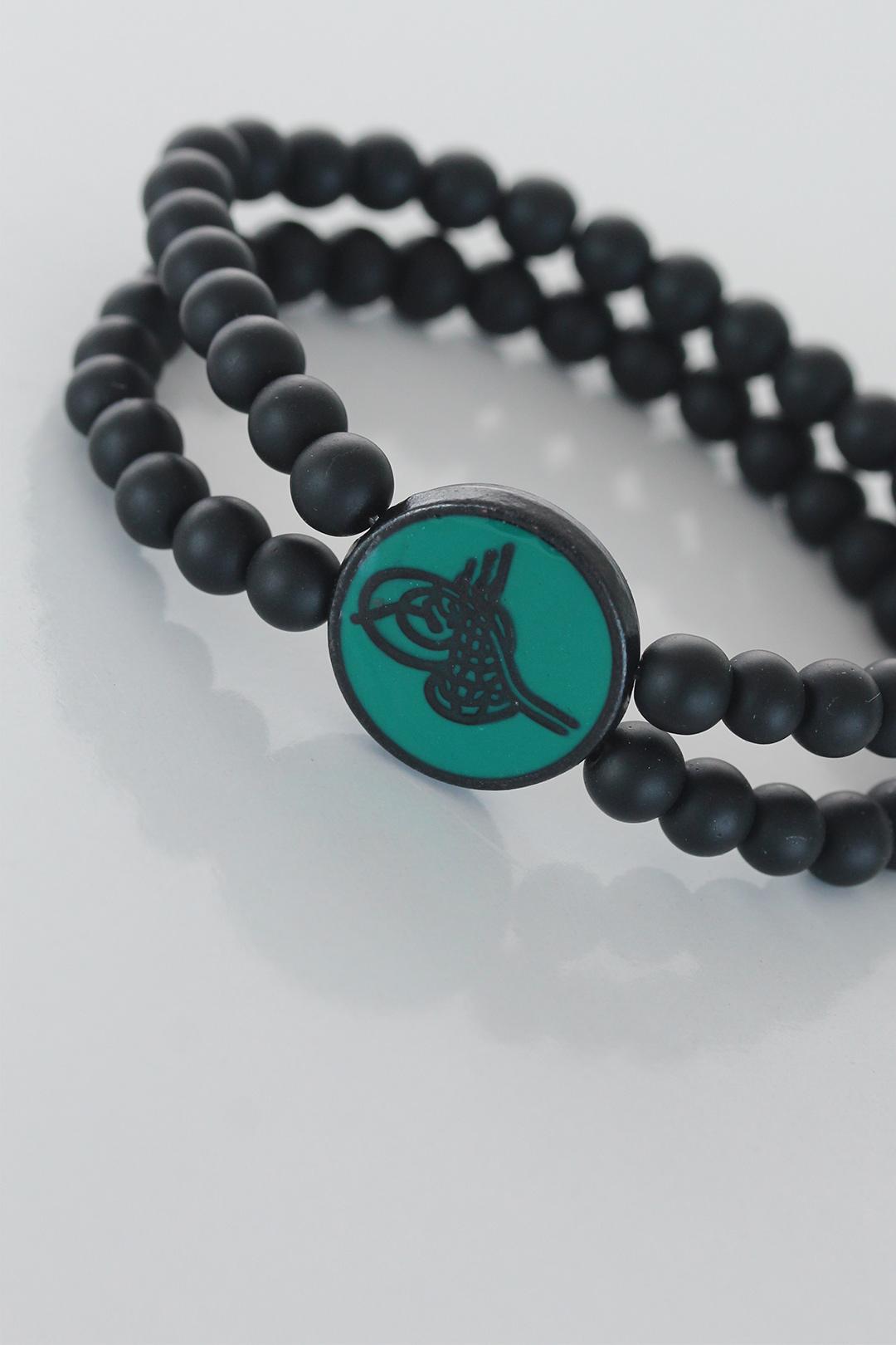 EBJ Black Ottoman Tughra Figure Black Color Double Row Natural Stone Men's Bracelet on Green Metal - Southport