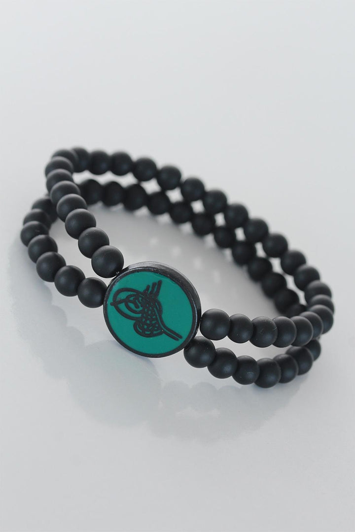 EBJ Black Ottoman Tughra Figure Black Color Double Row Natural Stone Men's Bracelet on Green Metal - Southport