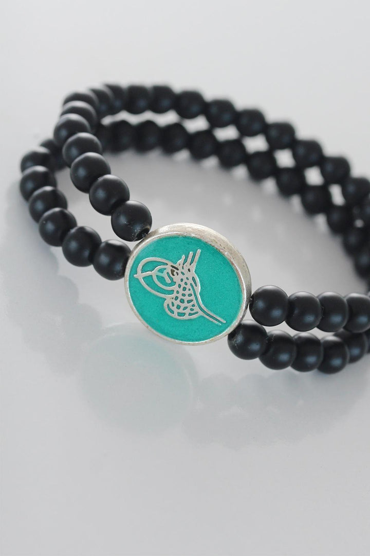 EBJ Black Color Double Row Natural Stone Men's Bracelet with Silver Ottoman Tughra Figure on Green Metal - Trapani