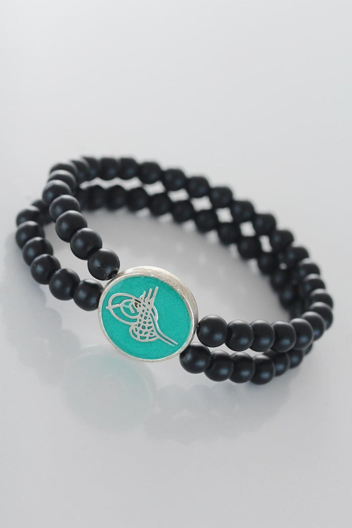 EBJ Black Color Double Row Natural Stone Men's Bracelet with Silver Ottoman Tughra Figure on Green Metal - Trapani
