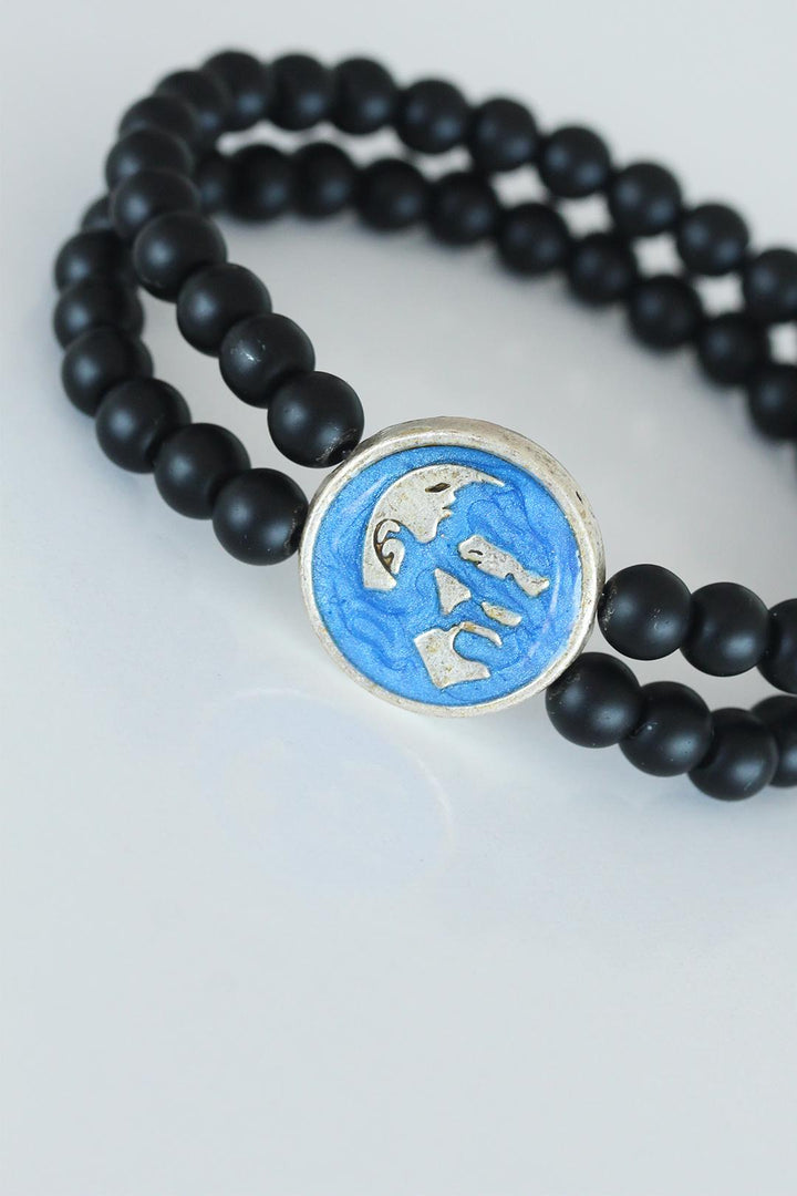 EBJ Men's Bracelet with Atatürk Portrait on Light Blue Metal with Silver Color and Double Row of Natural Stones - Enschede