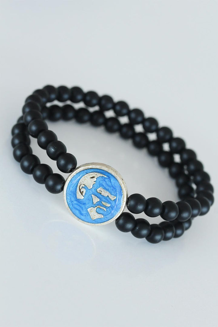 EBJ Men's Bracelet with Atatürk Portrait on Light Blue Metal with Silver Color and Double Row of Natural Stones - Enschede