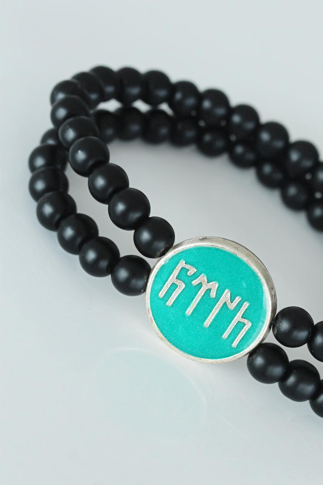 EBJ Old Turkish Göktürk Script Figured Green Metal Accessorized Double Row Onyx Natural Stone Men's Bracelet - Wagga Wagga
