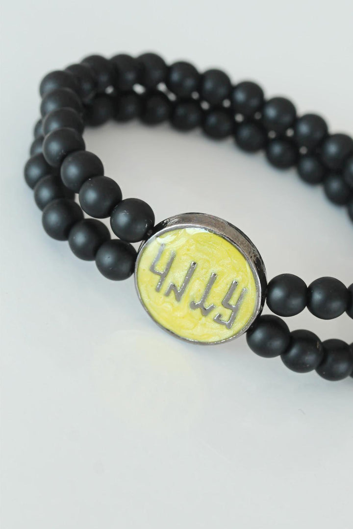 EBJ Old Turkish Göktürk Script Figured Yellow Metal Accessorized Double Row Onyx Natural Stone Men's Bracelet - Udine