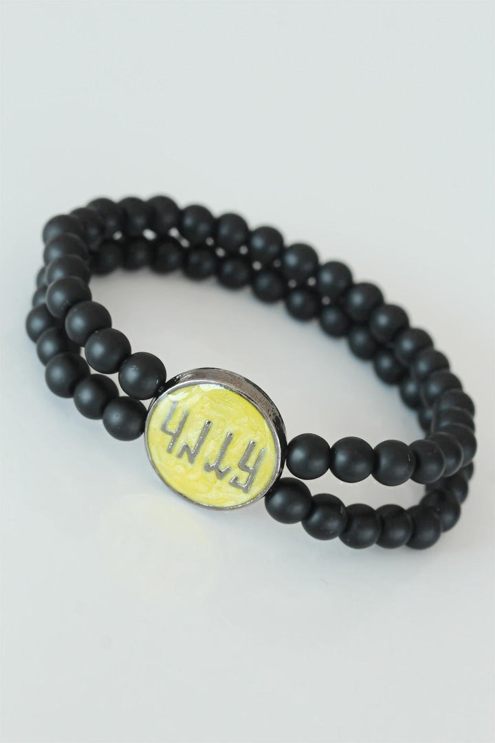 EBJ Old Turkish Göktürk Script Figured Yellow Metal Accessorized Double Row Onyx Natural Stone Men's Bracelet - Udine