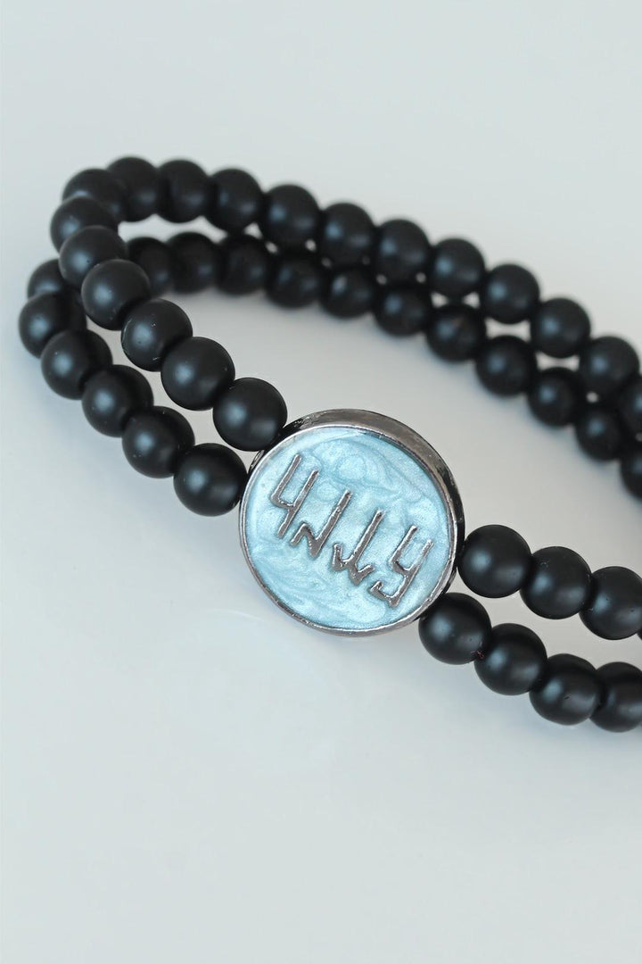 EBJ Old Turkish Göktürk Script Figured Light Blue Color Metal Accessorized Double Row Onyx Natural Stone Men's Bracelet - Wimbledon