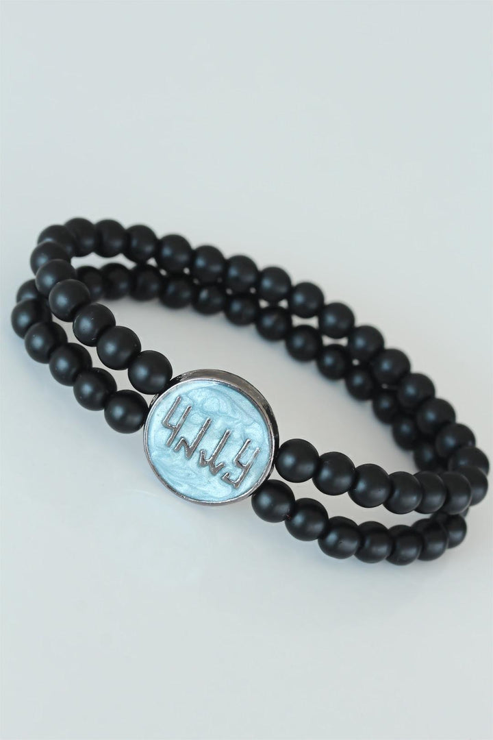 EBJ Old Turkish Göktürk Script Figured Light Blue Color Metal Accessorized Double Row Onyx Natural Stone Men's Bracelet - Wimbledon