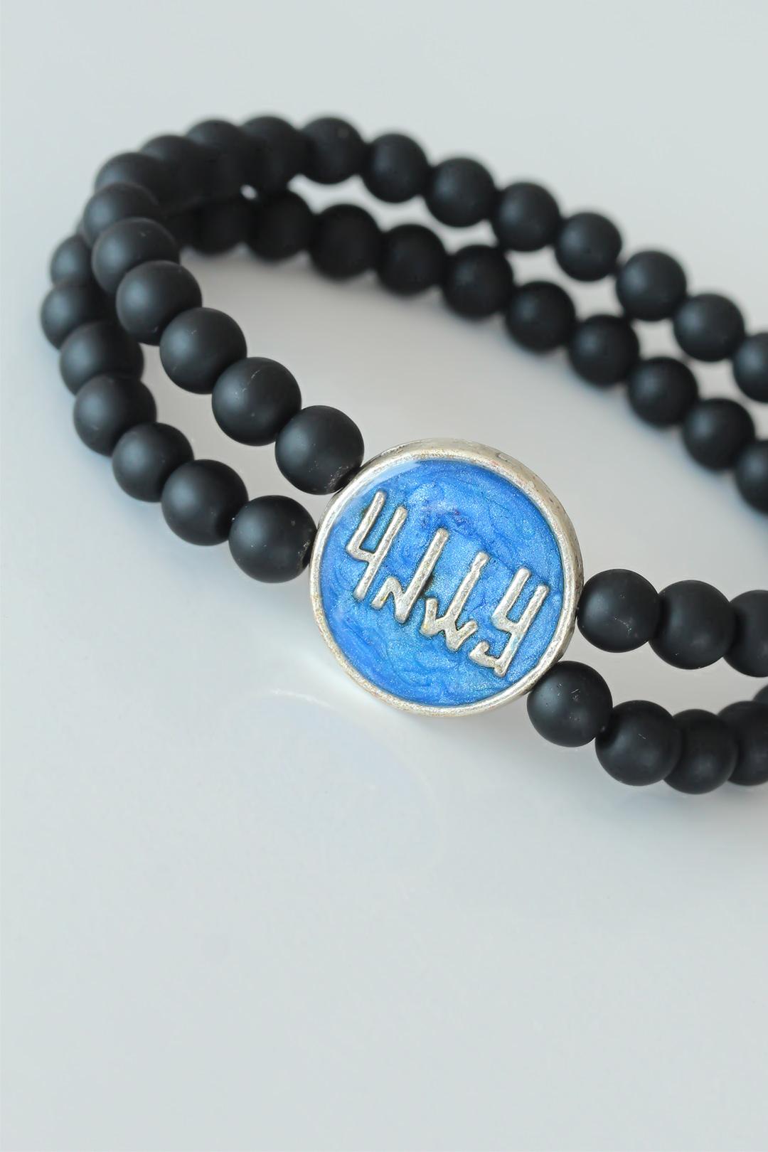EBJ Navy Blue Metal Accessorized Bracelet with Double Row Onyx Natural Stone with Waw Figure - Ontario