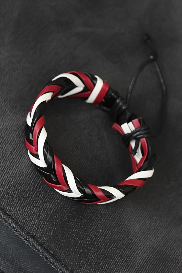 EBJ Burgundy White Black Knitted Leather Men's Bracelet - Delaware