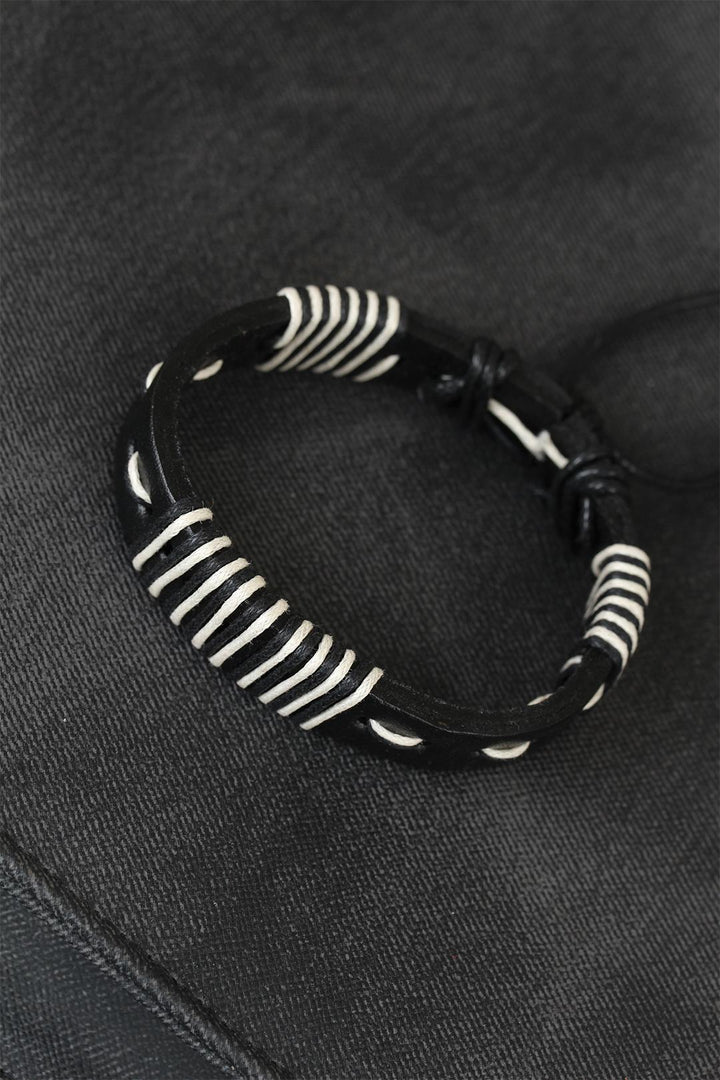 EBJ White String Black Leather Men's Bracelet - Emsdetten