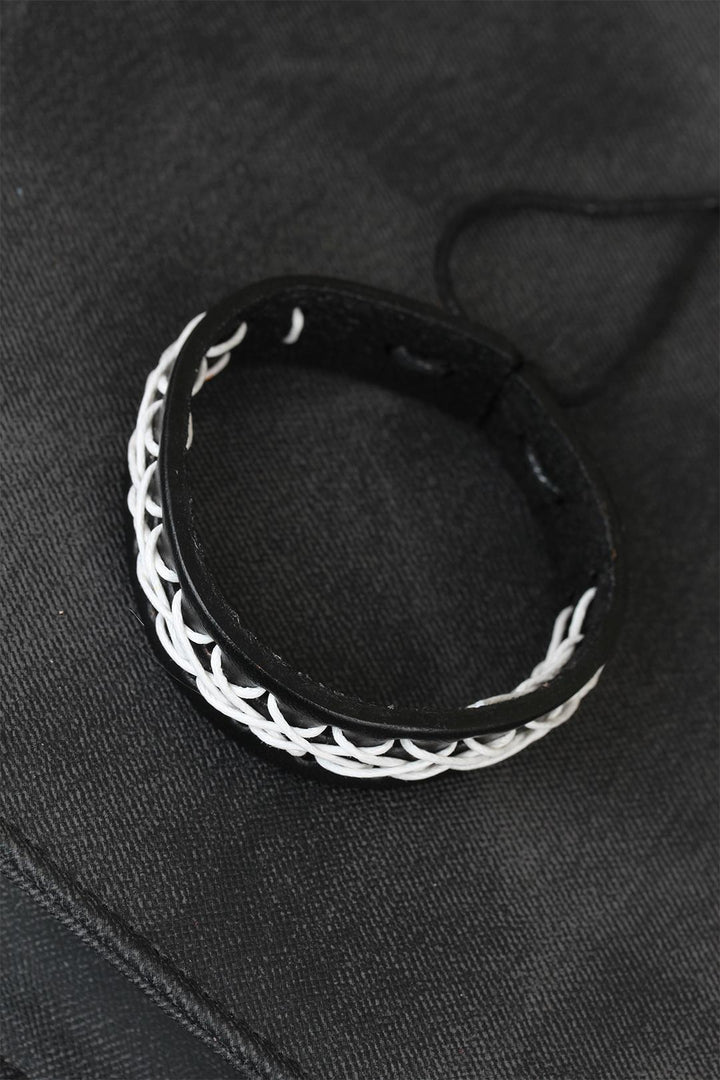 EBJ White Stitched Black Leather Men's Bracelet - St. Albert