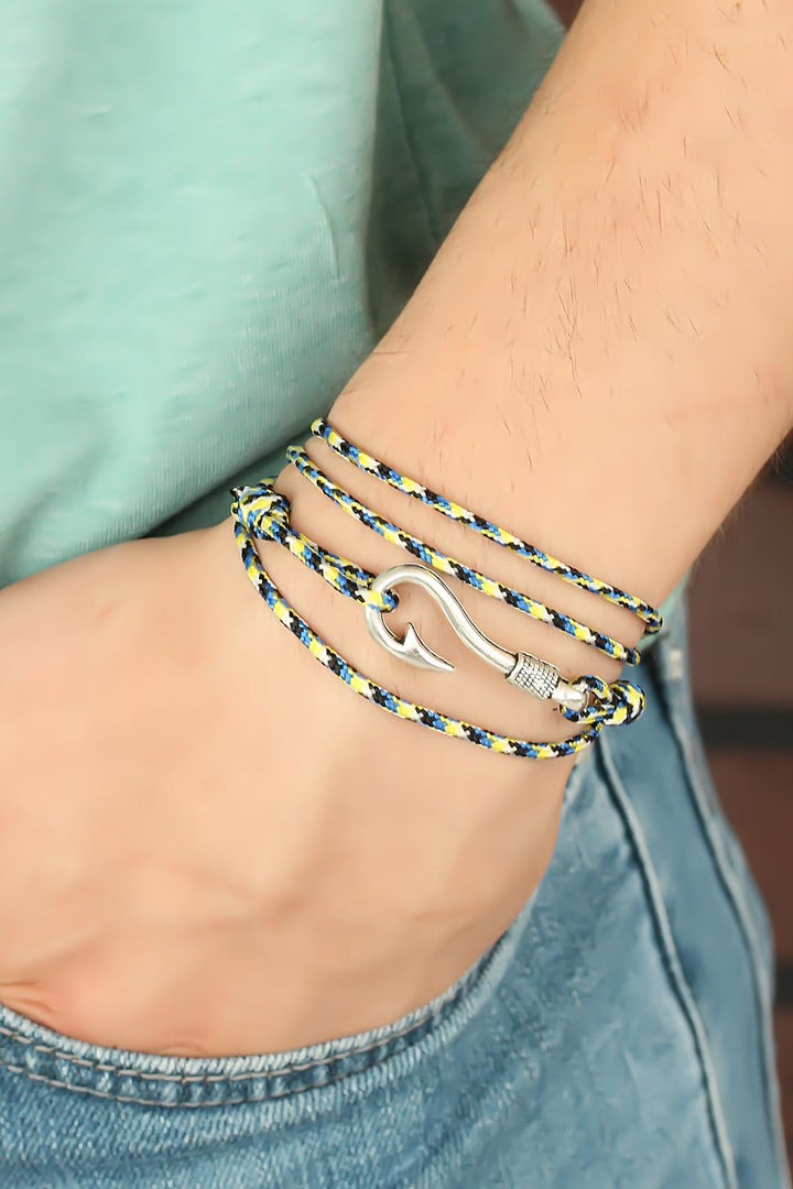 EBJ Yellow Blue Striped Silver Color Metal Hooked Men's Bracelet - Pioltello
