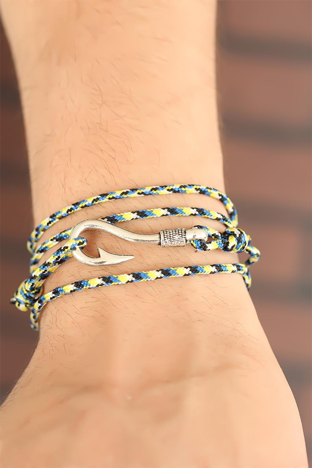 EBJ Yellow Blue Striped Silver Color Metal Hooked Men's Bracelet - Pioltello