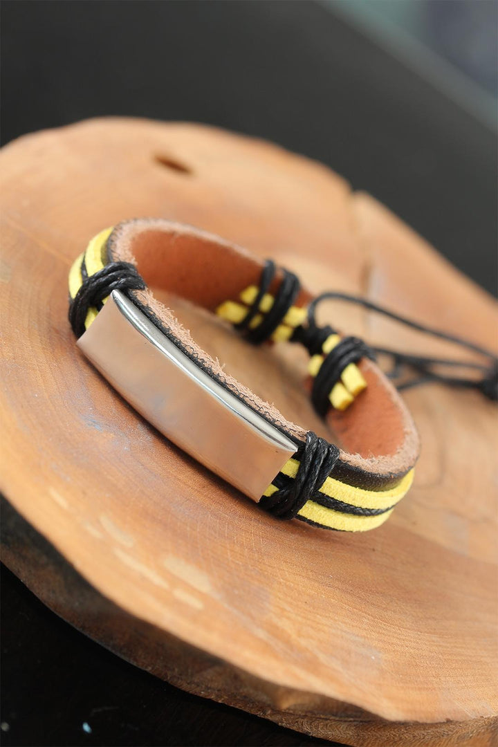 EBJ Black and Yellow Leather Men's Bracelet with Metal Accessories - Grand Rapids