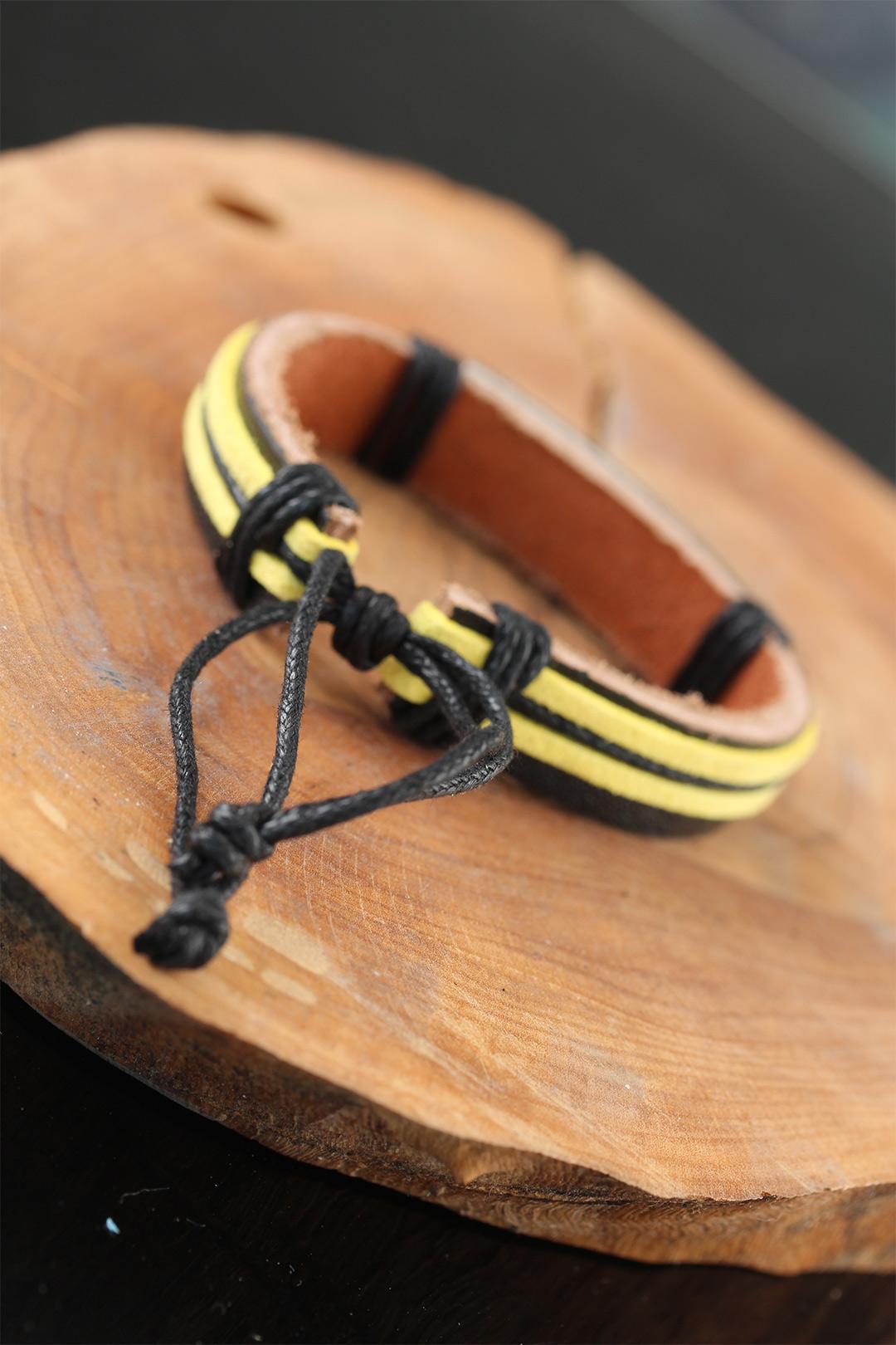 EBJ Black and Yellow Leather Men's Bracelet with Metal Accessories - Grand Rapids