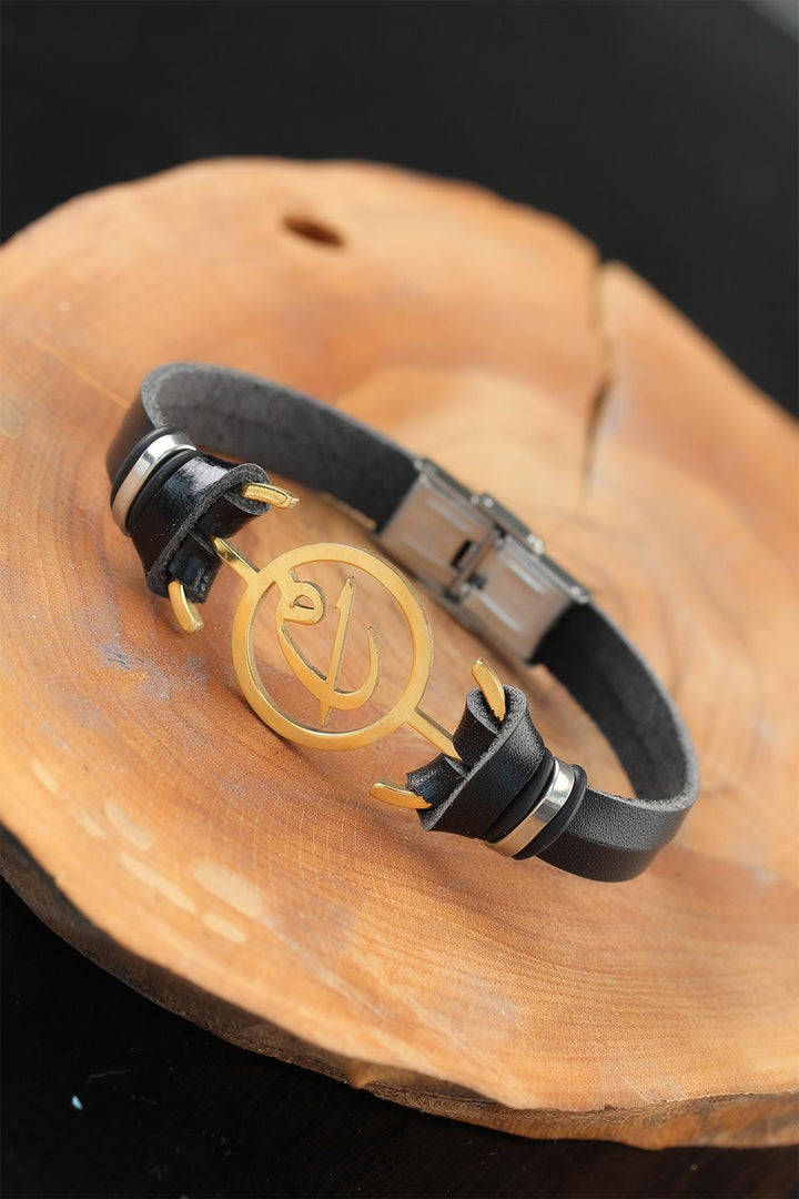 EBJ Black Leather Men's Bracelet with Gold Color Metal Accessories AVA - Jeffersonville