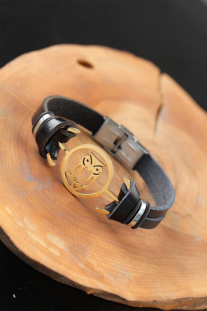 EBJ Black Leather Men's Bracelet with Gold Color Owl Metal Accents - Brookhaven
