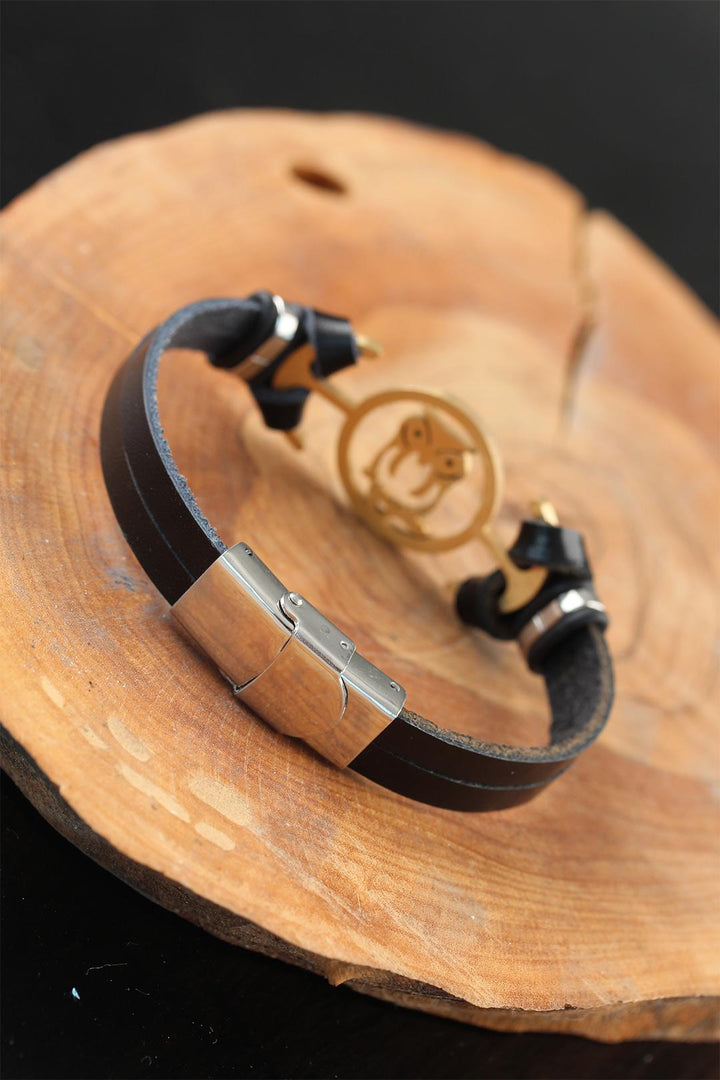 EBJ Black Leather Men's Bracelet with Gold Color Owl Metal Accents - Brookhaven
