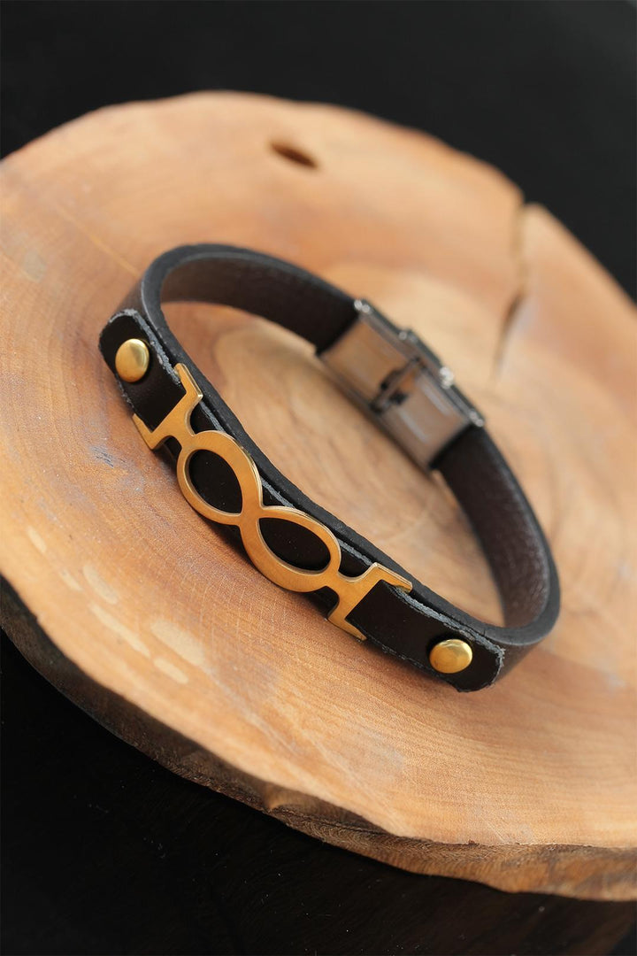 EBJ Black Leather Men's Bracelet with Gold Color Infinity Metal Accents - Rayleigh