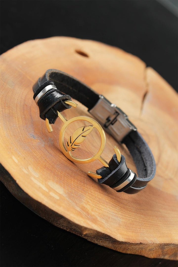 EBJ Black Leather Men's Bracelet with Gold Color Leaf Metal Accents - Fort McMurray