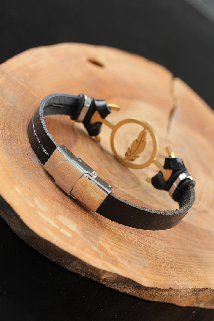 EBJ Black Leather Men's Bracelet with Gold Color Leaf Metal Accents - Fort McMurray