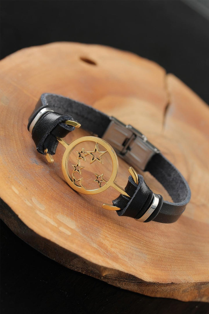 EBJ Black Leather Men's Bracelet with Gold Color Star-Shaped Metal Accents - Burgos