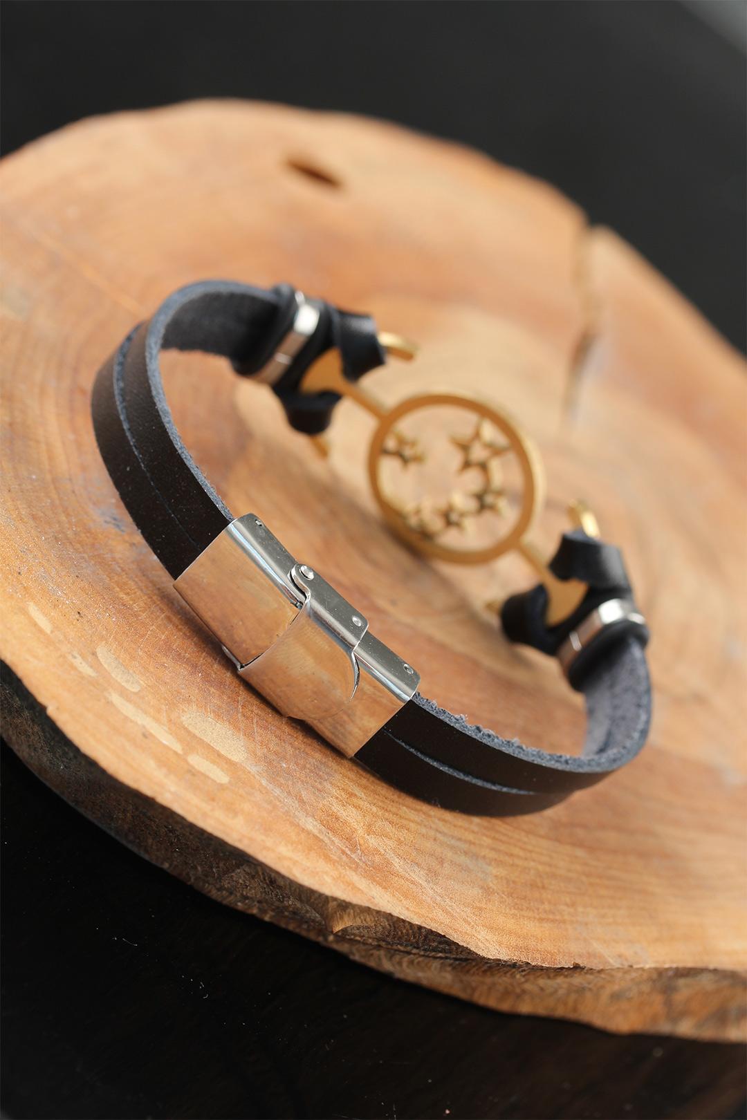 EBJ Black Leather Men's Bracelet with Gold Color Star-Shaped Metal Accents - Burgos