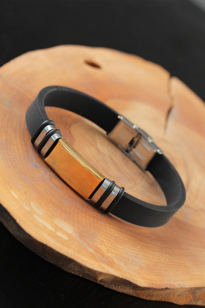EBJ Black Leather Men's Bracelet with Gold Color Metal Accents - Stoke-on-Trent