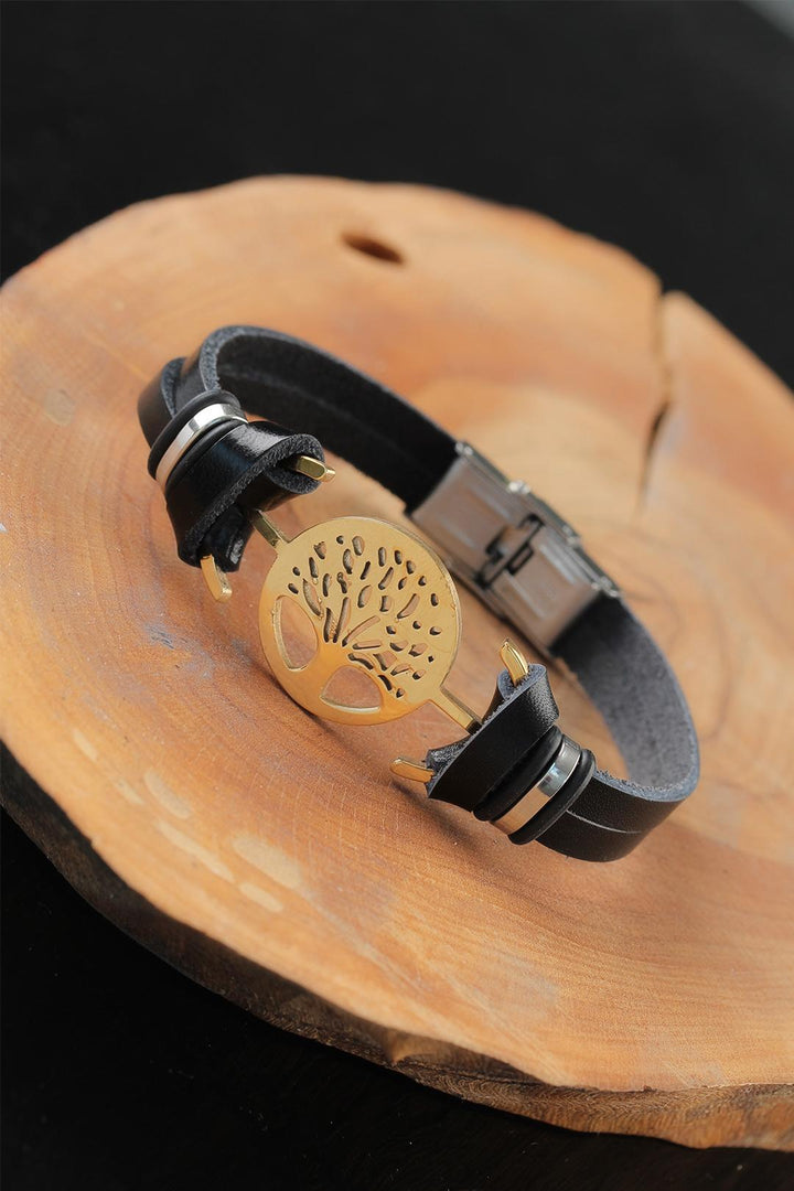 EBJ Gold Color Metal Bracelet with Tree Design Black Color Leather for Men - Goose Creek