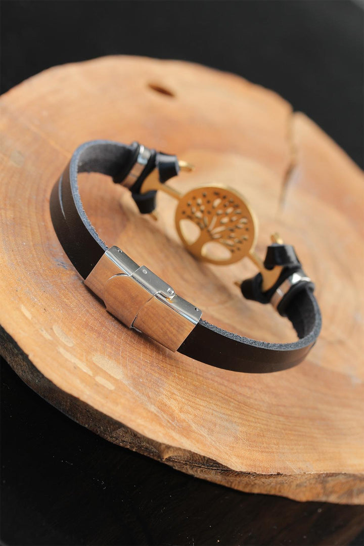 EBJ Gold Color Metal Bracelet with Tree Design Black Color Leather for Men - Goose Creek