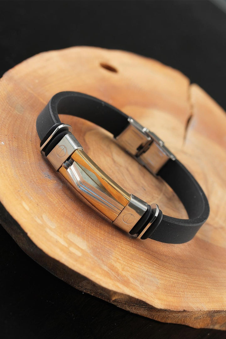 EBJ Black Leather Men's Bracelet with Silver Gold Color Metal Accents - Kankakee