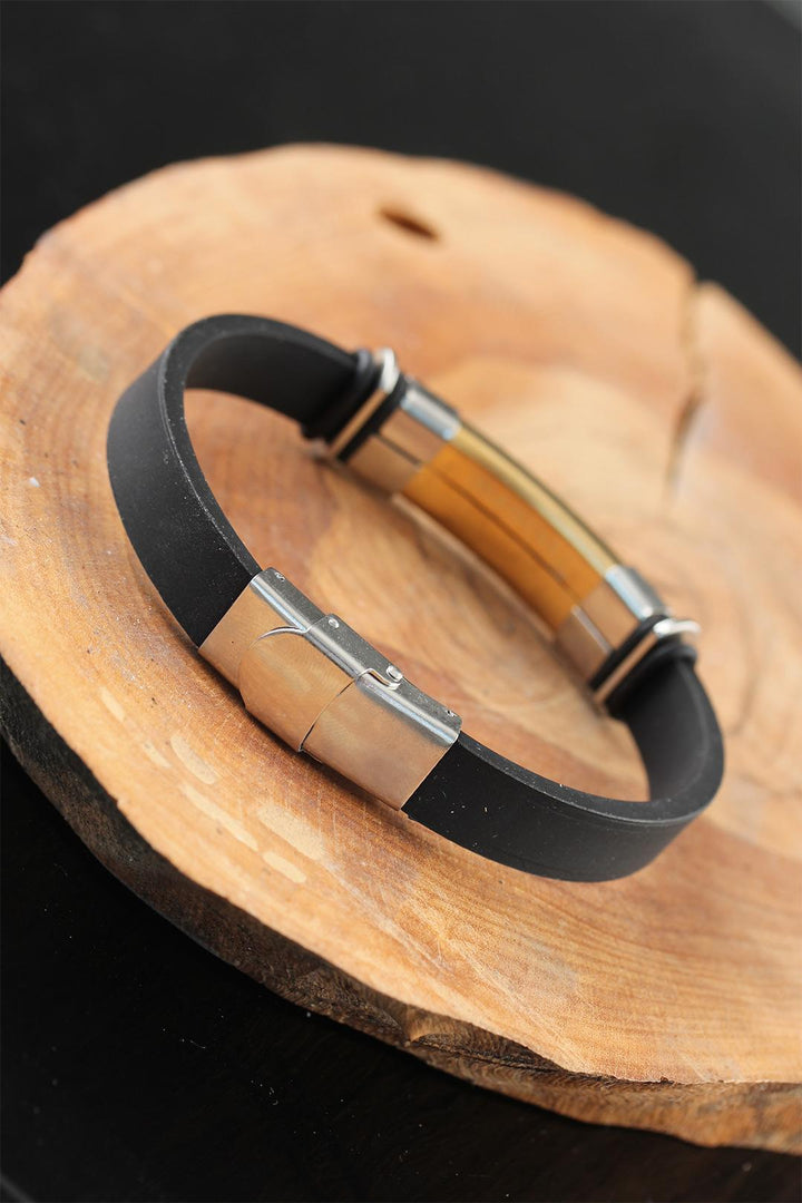 EBJ Black Leather Men's Bracelet with Silver Gold Color Metal Accents - Kankakee