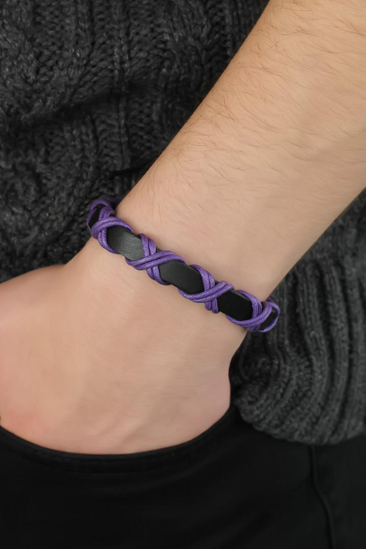 EBJ Purple Cross-Laced Black Leather Men's Bracelet - Bondy