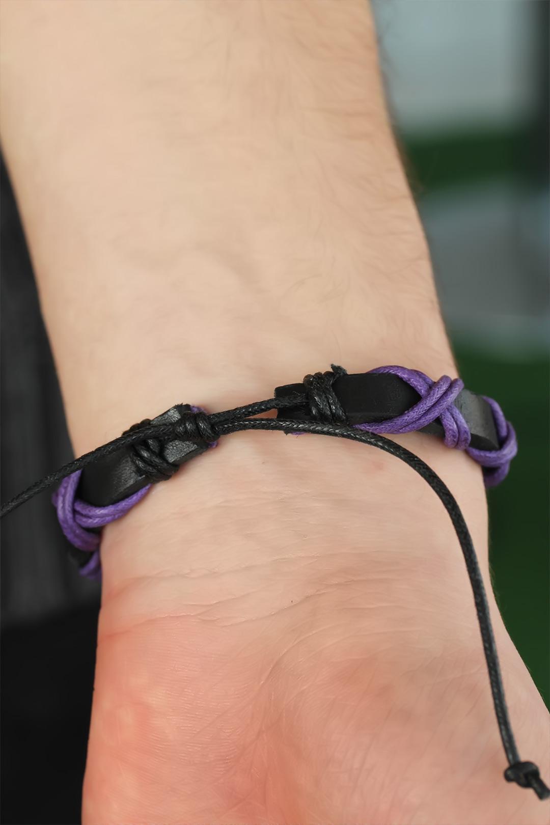 EBJ Purple Cross-Laced Black Leather Men's Bracelet - Bondy