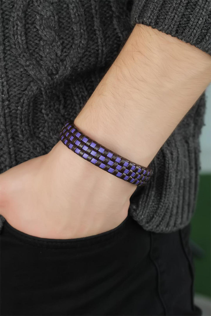 EBJ Blue Color Striped Leather Men's Bracelet - Pittsburg