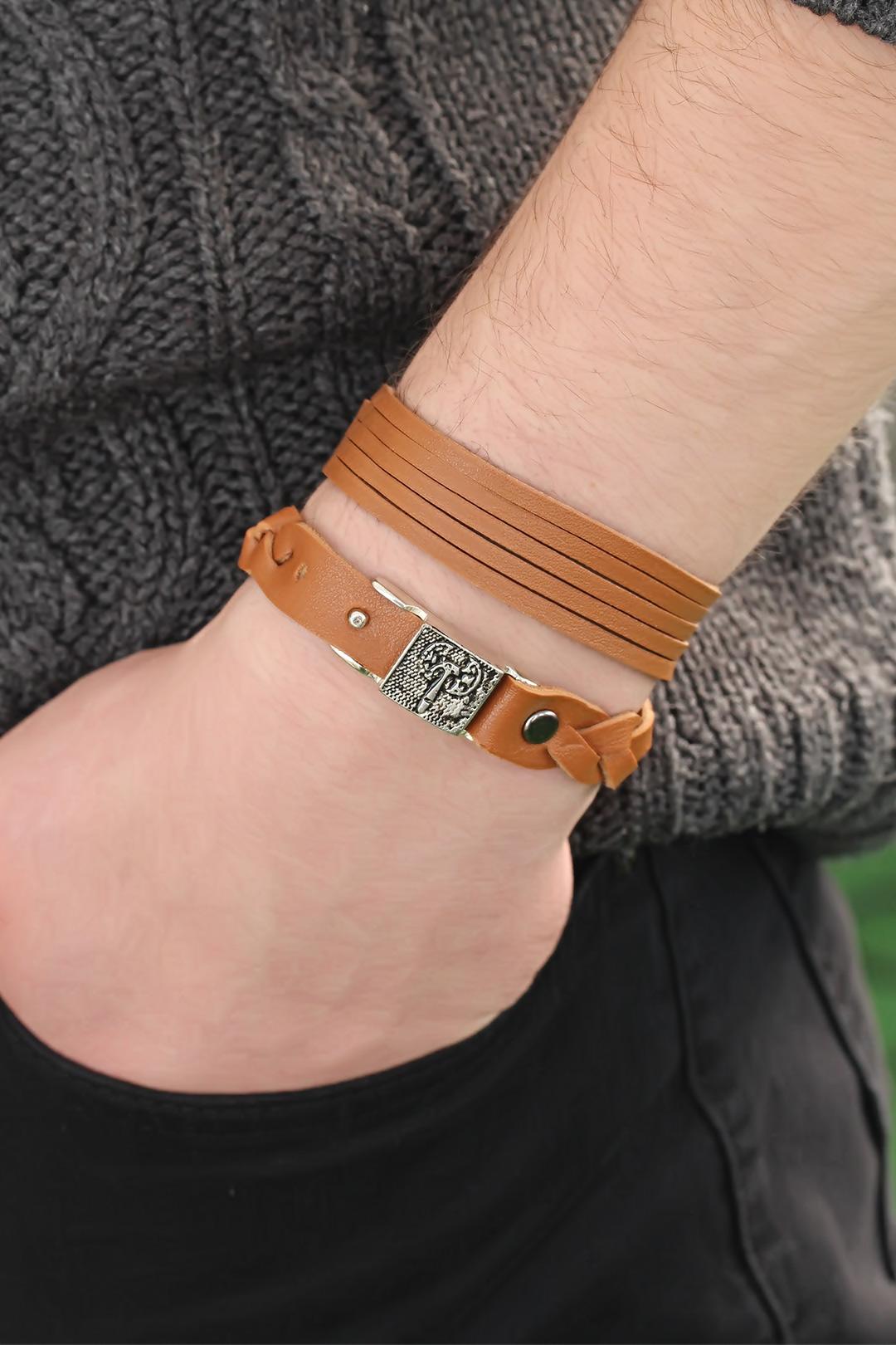 EBJ Brown Leather Men's Bracelet with Metal Accessories Combination - Maroúsi