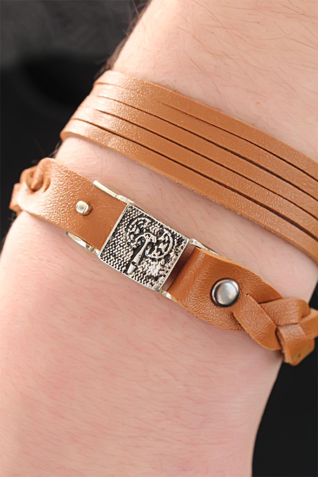 EBJ Brown Leather Men's Bracelet with Metal Accessories Combination - Maroúsi