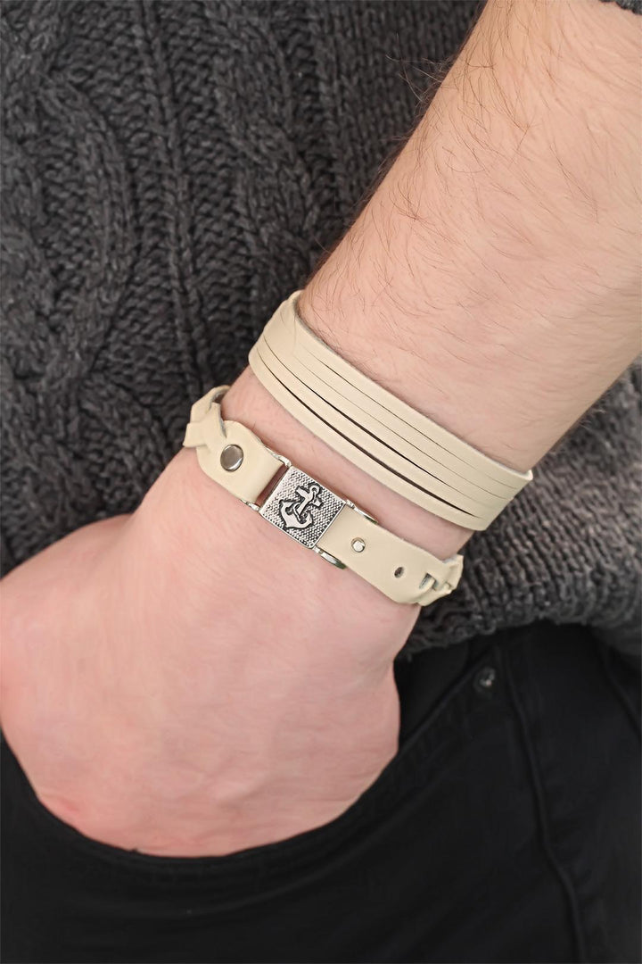 EBJ Cream Color Leather Men's Bracelet Combination - Apex
