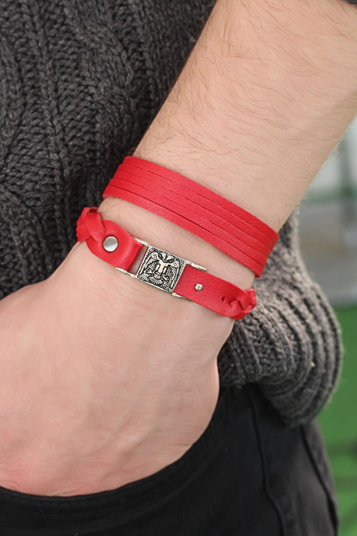 EBJ Red Color Leather Men's Bracelet Combination - Las Vegas