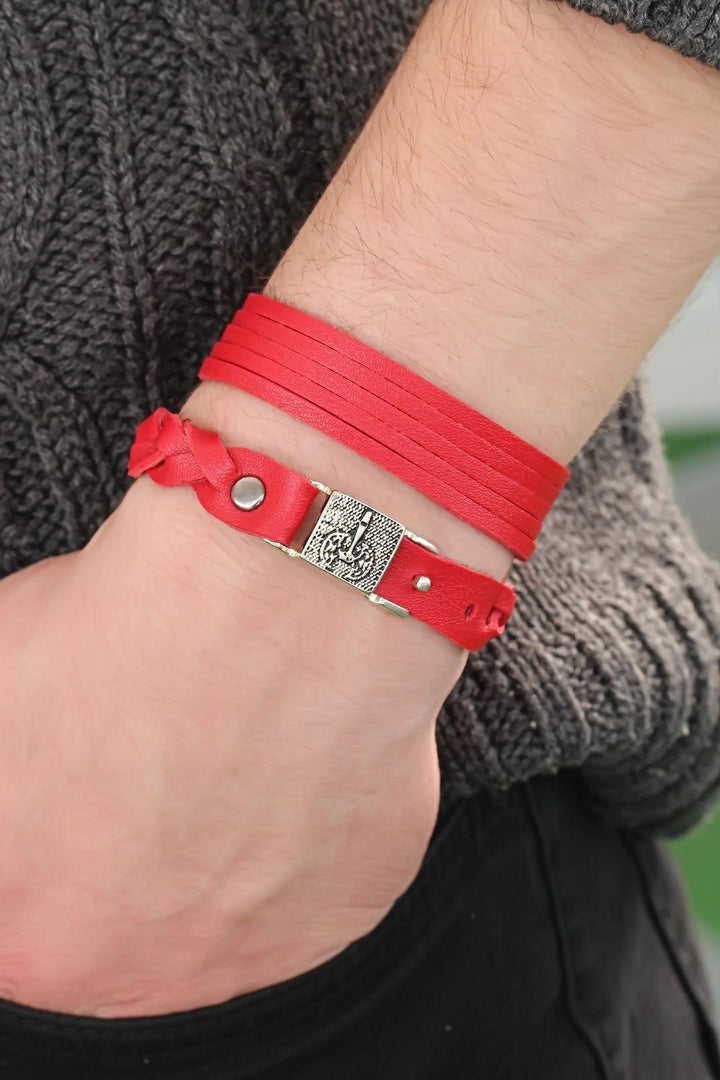 EBJ Red Leather Men's Bracelet with Metal Accessories Combination - Moortebeek