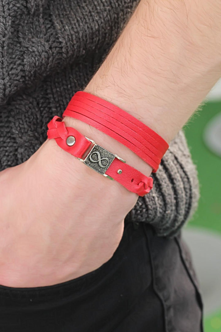 EBJ Patterned Metal Accessorized Red Leather Men's Bracelet Combination - Knoxville