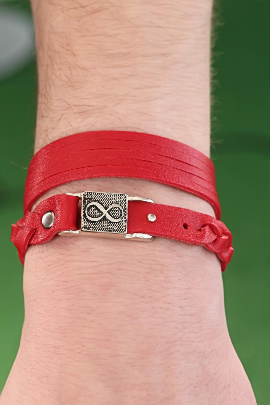 EBJ Patterned Metal Accessorized Red Leather Men's Bracelet Combination - Knoxville
