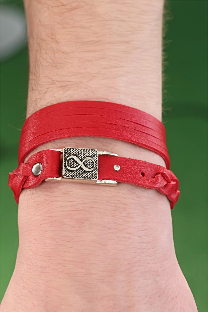 EBJ Patterned Metal Accessorized Red Leather Men's Bracelet Combination - Knoxville