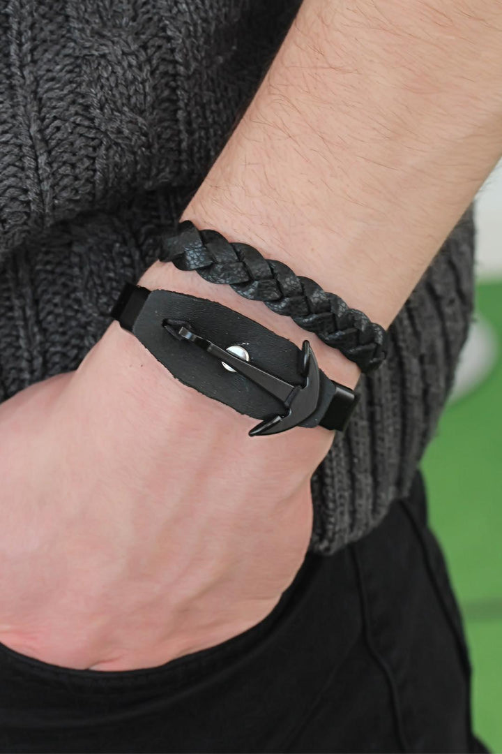 EBJ Deniz Çapalı Black Leather Men's Bracelet Combination - Mentor