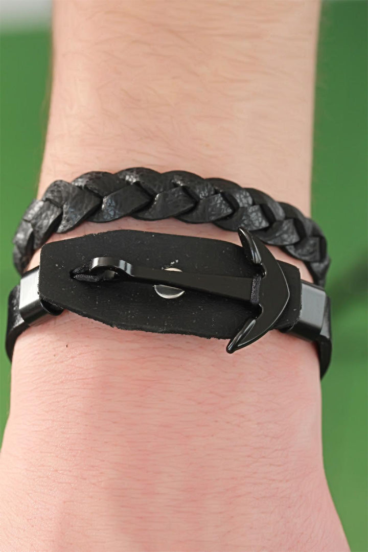 EBJ Deniz Çapalı Black Leather Men's Bracelet Combination - Mentor