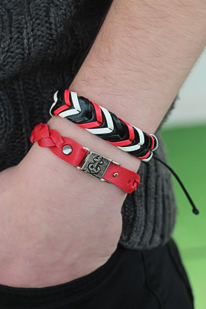 EBJ Black Red Color Leather Men's Bracelet Combination - Surrey