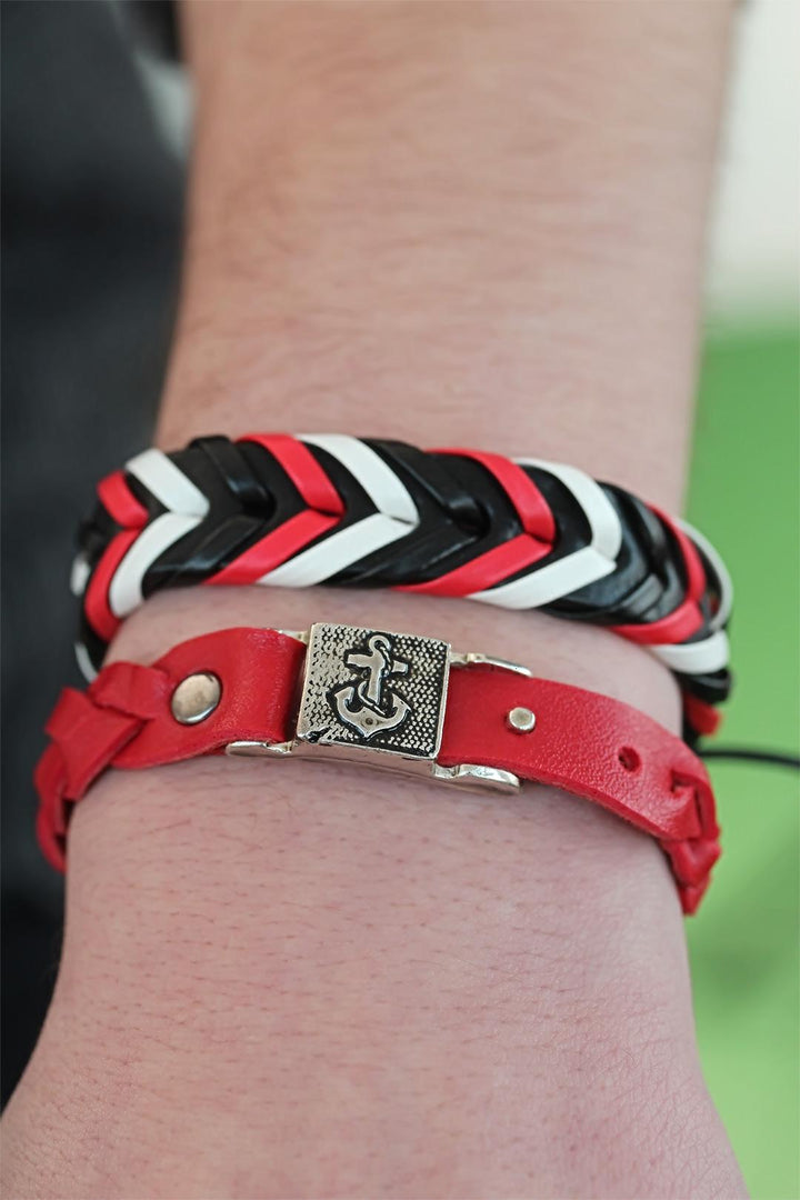 EBJ Black Red Color Leather Men's Bracelet Combination - Surrey