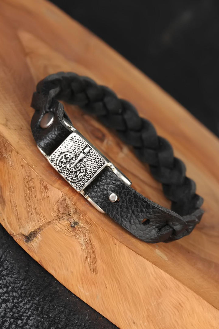 EBJ Black Knitted Pattern Leather Men's Bracelet - Madison