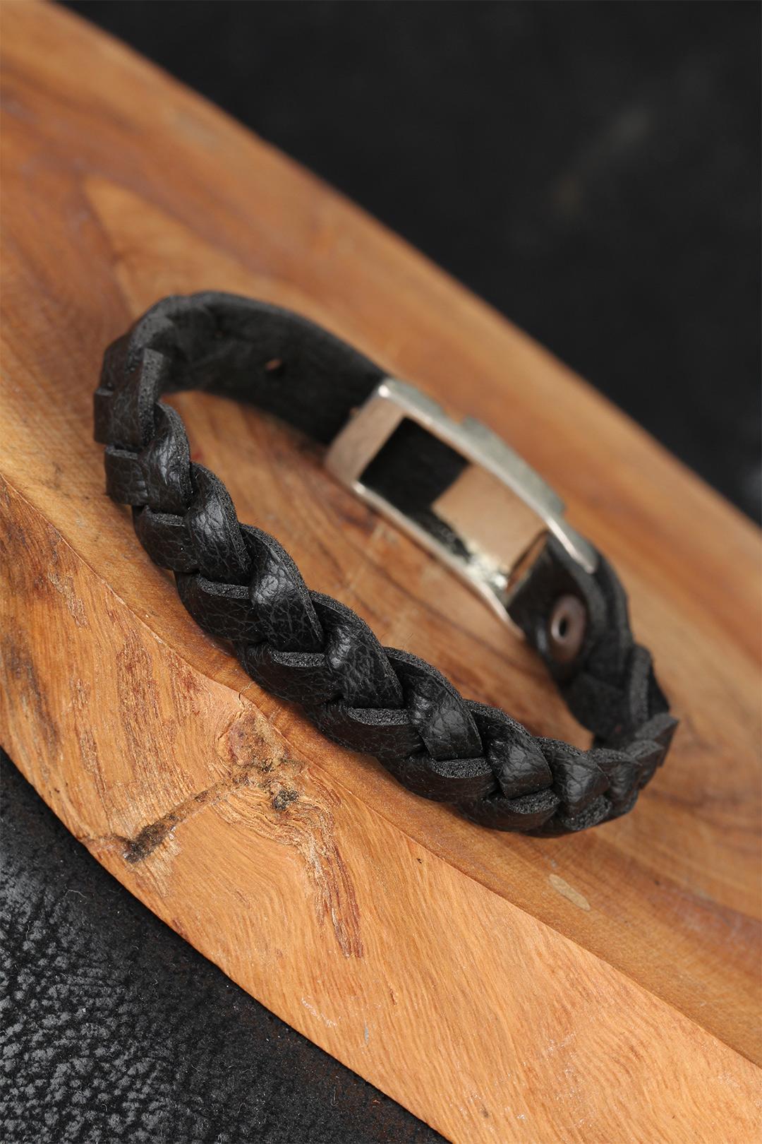 EBJ Black Knitted Pattern Leather Men's Bracelet - Madison